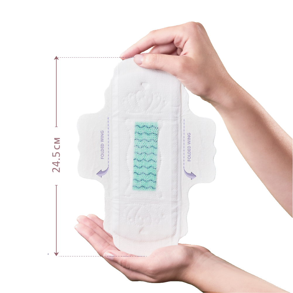 Pectiv The Day sanitary pad dimensions and ultra-thin profile with side wings for flexible daytime leak protection.