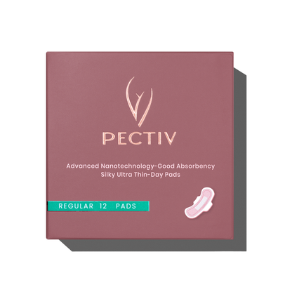 Pectiv The Day ultra-thin sanitary pads box packaging for regular flow in Malaysia and Singapore featuring Anion Shield Technology.