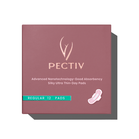 Pectiv The Day ultra-thin sanitary pads box packaging for regular flow in Malaysia and Singapore featuring Anion Shield Technology.