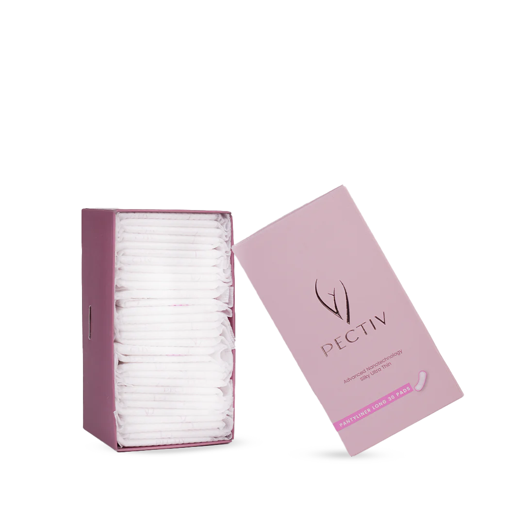 Inside view of Pectiv The Liners Long box with individually wrapped extended daily panty liners.