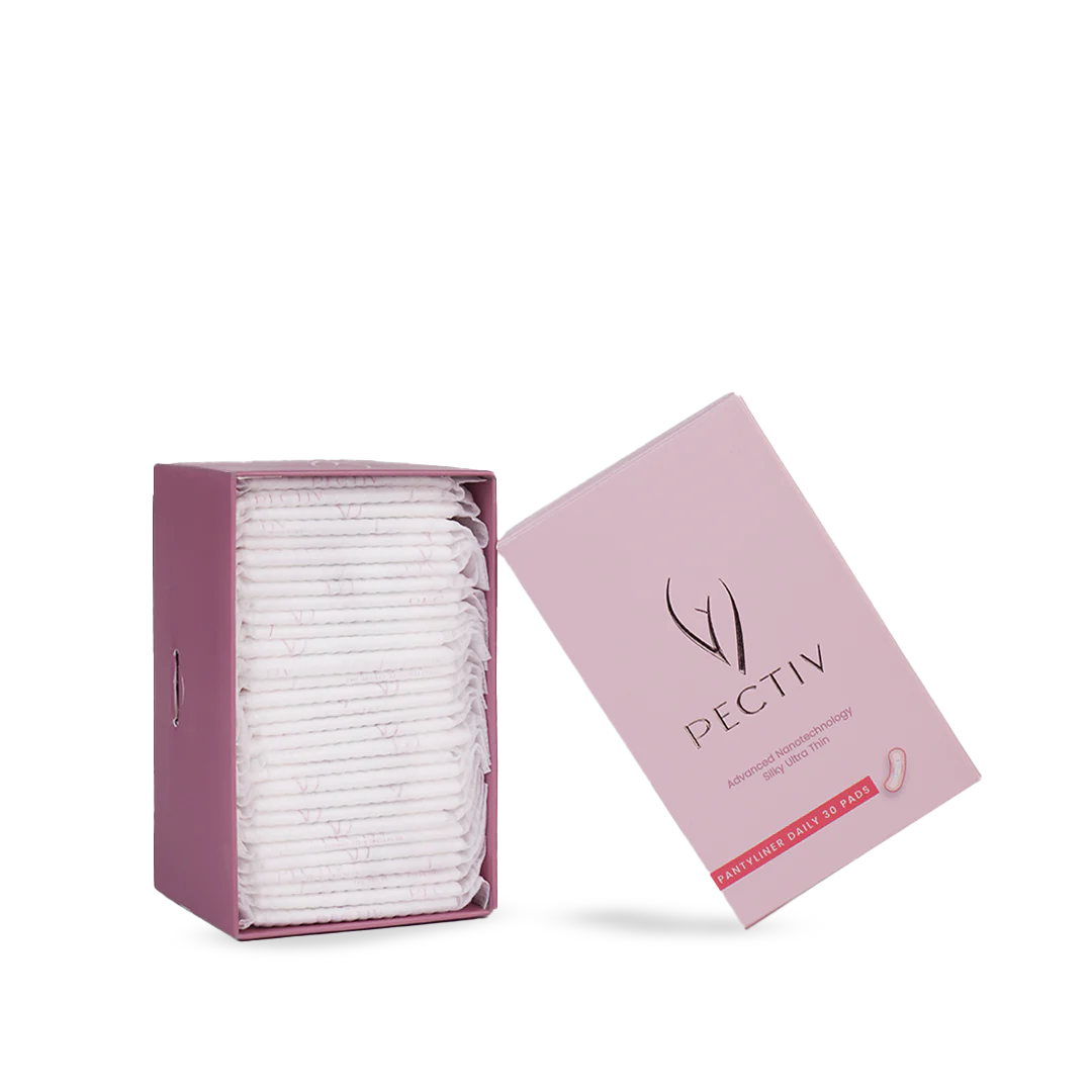 Opened pack of Pectiv The Liners displaying compact, travel-friendly single-wrapped daily panty liners.