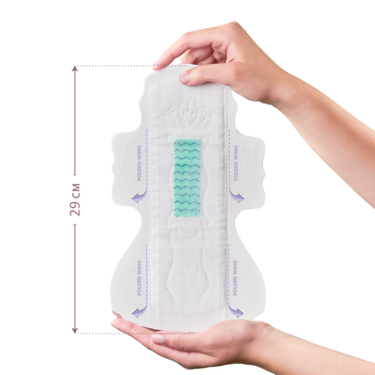 Pectiv The Night extended pad length measurement chart showing wide wing coverage for active sleep.