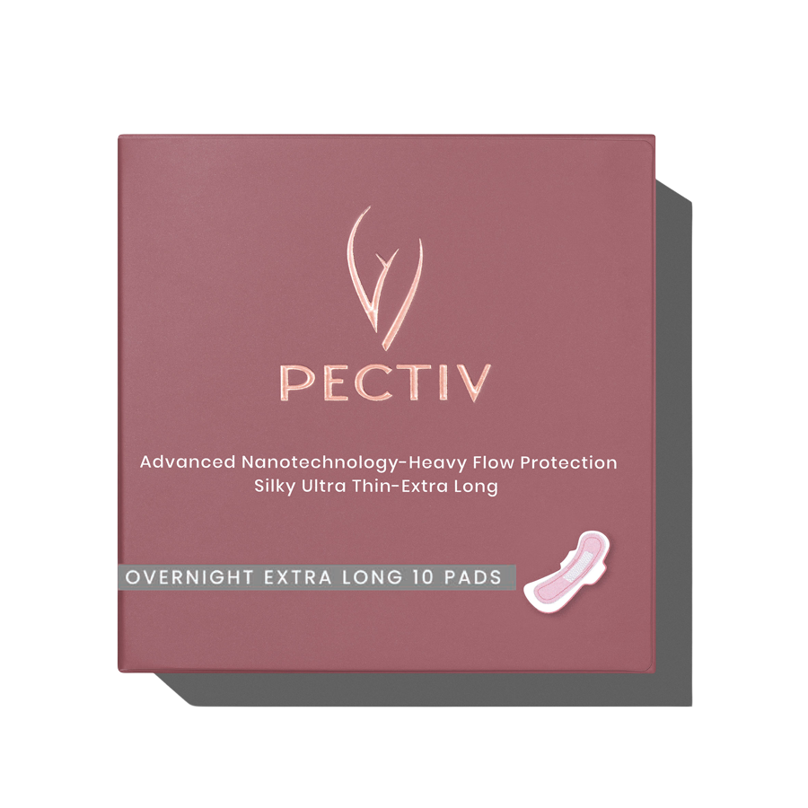 Pectiv The Overnight Long maximum coverage night sanitary pads box for postpartum and ultra-heavy flow.